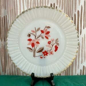 Vintage Termocrisa Mexico Milk Glass Floral Dinner Plate With Scallop Gold Edge